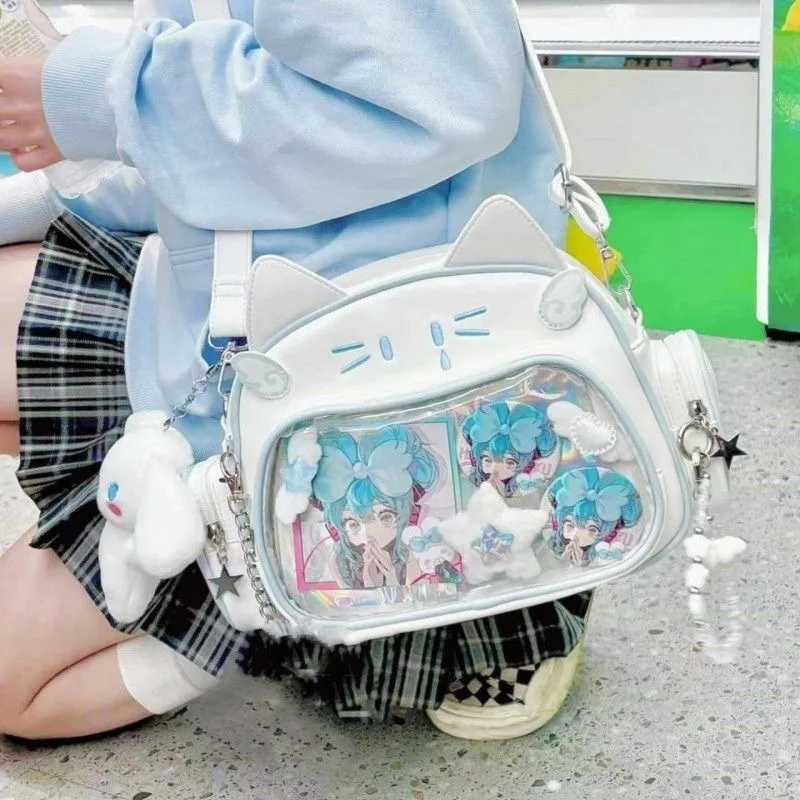 Y2K Korean Cute Cat Ita Bag Japan Kawaii PU Crossbody Bag Girls Transparent Pocket Harajuku Shoulder Bag Silver Fashion Backpack C260406