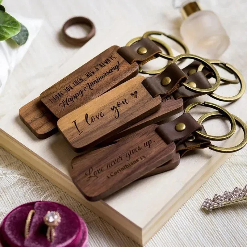 1PCS Free Custom Solid Wood Square Tag Key Chains Wooden Leather Car Keychain Accessories Fashion Bag Pendant Blank Wooden Card 260403BJ