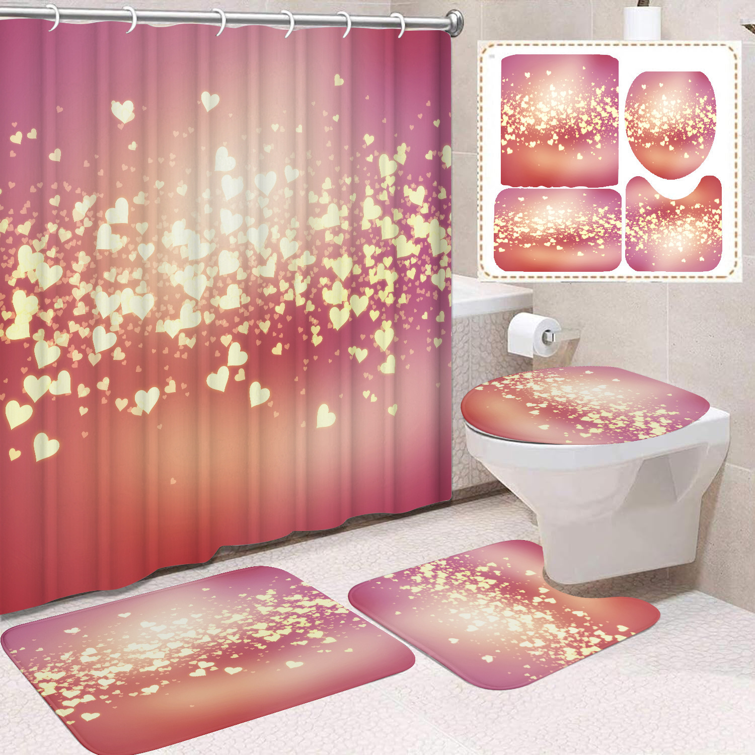 YL-38447 Home Decor Pink Butterfly and Flower Waterproof Shower Curtain Set (4 Pieces