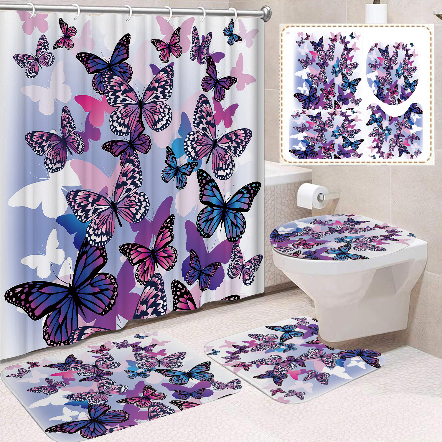 YL-38447 Home Decor Pink Butterfly and Flower Waterproof Shower Curtain Set (4 Pieces