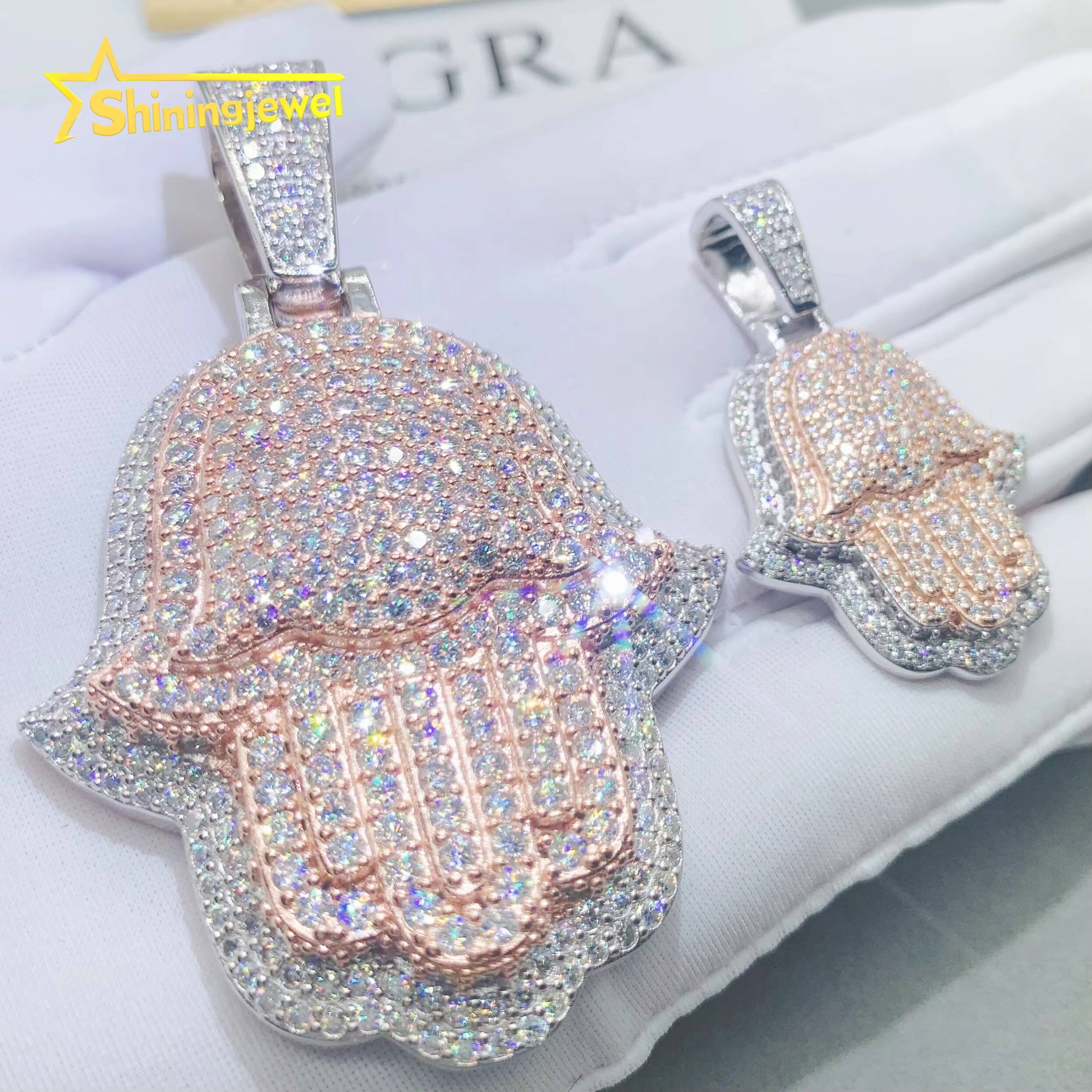 High Quality Protection Lucky Charm Hand of Fatima Hamsa Hand Hip Pop Pendant Real Gold Plated S925 Silver Religious Iced Out VVS D Moissanite Iced Ou - view 4