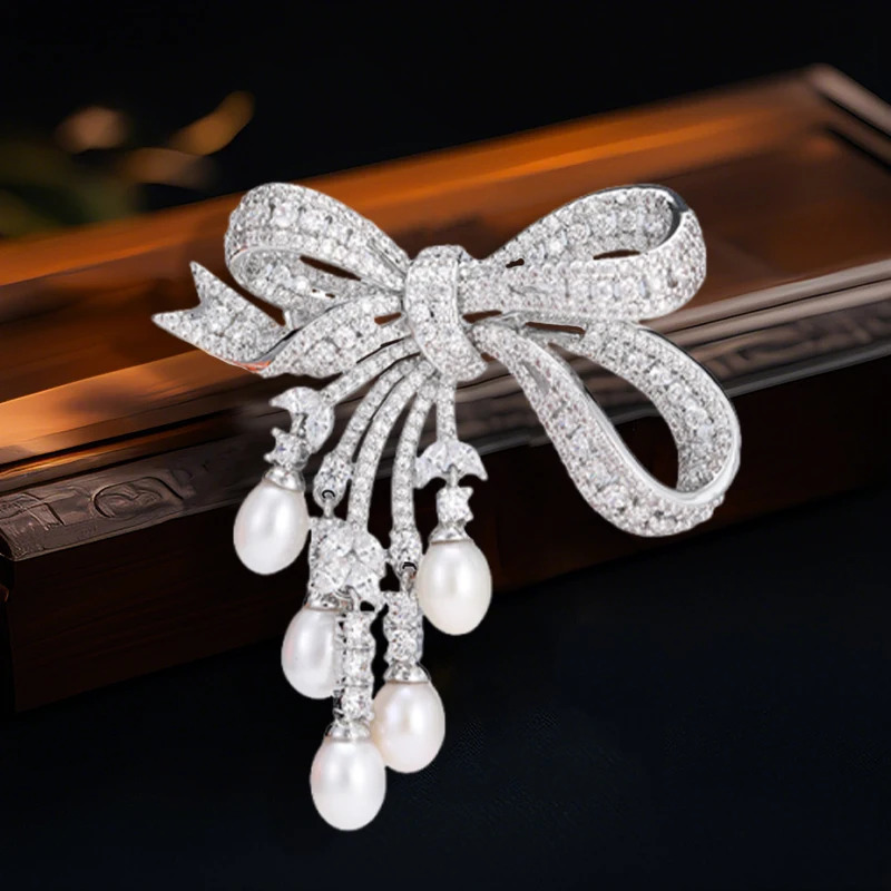 OKILY Luxury Freshwater Pearl Bow Brooches Deliicate Zircon Bowknot Corsage for Womens Broche Decorativo De Ropa Accessories 260403BJ