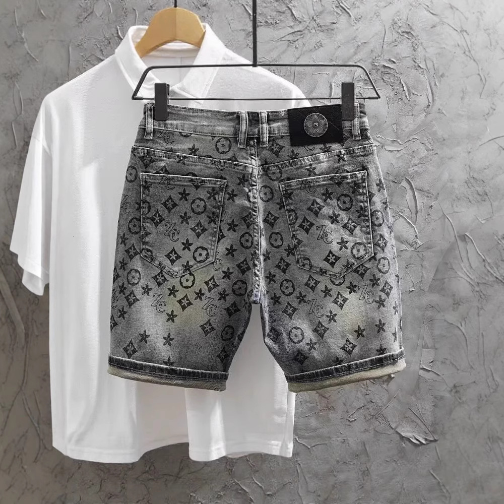 Luxury Brand Designer Clothes Summer High-End European-Style Printed Denim Shorts For Men, Slim-Fit, Korean-Style Trendy Mid-Length Pants