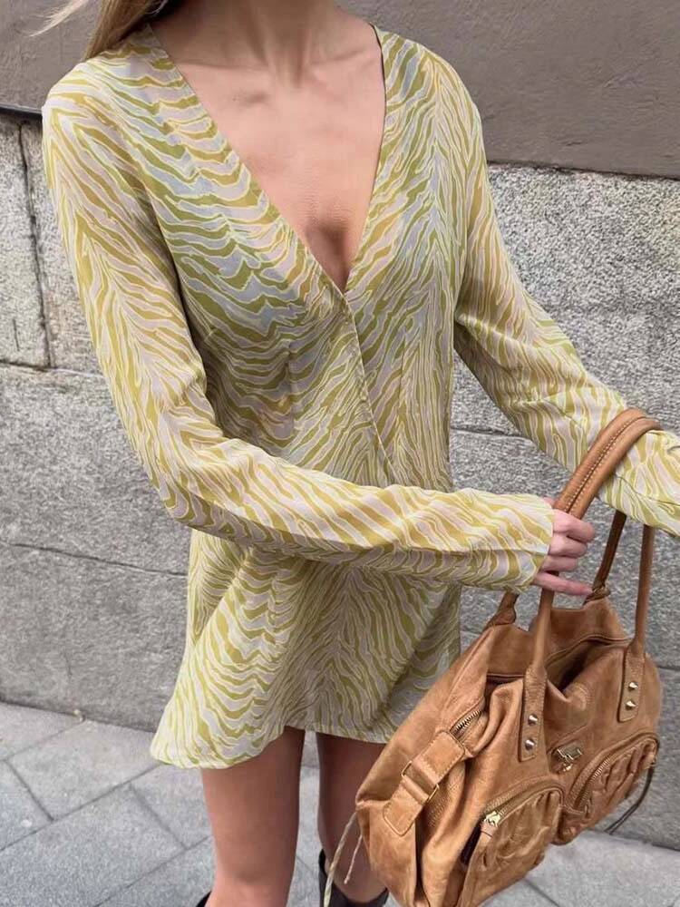 JULISSA MO Printed Sexy Sheer Chiffon V-neck Women Mini Dress Long Sleeve Lace Up Dresses Summer Loose Elegant Outdoor Beachwear dongdumaoyi
