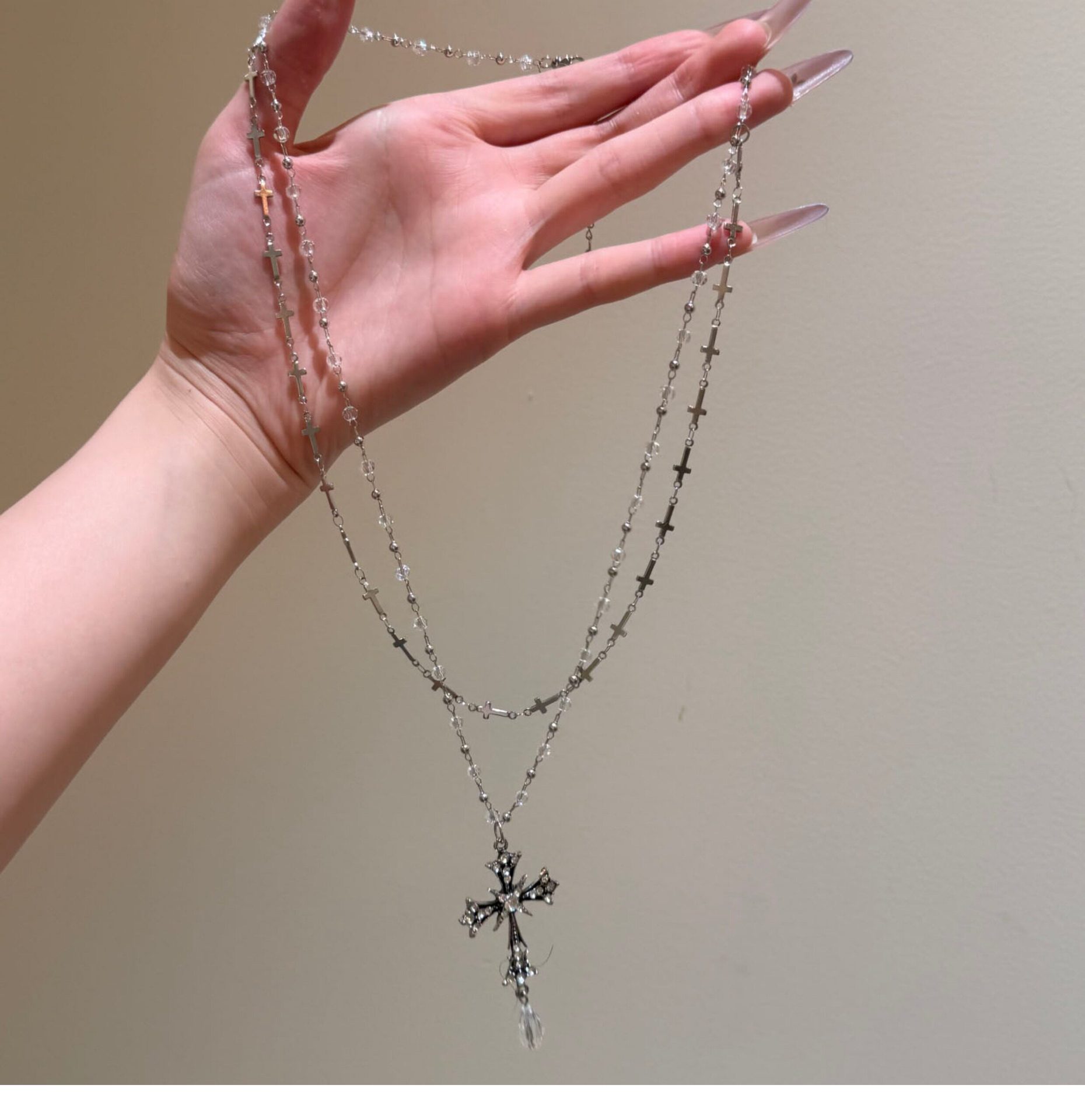 Sweet cool multi-layer beaded cross necklace, niche style trendy girls, clavicle chain with a light luxury and high-end feel for women - view 6