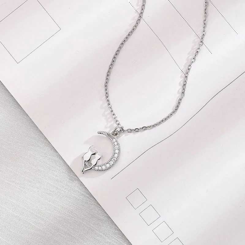 Sparkling Moon Cats Pendant Choker Necklace for Women Zircons Silver Plated Jewelry Gift for Ladies And Girls H260406