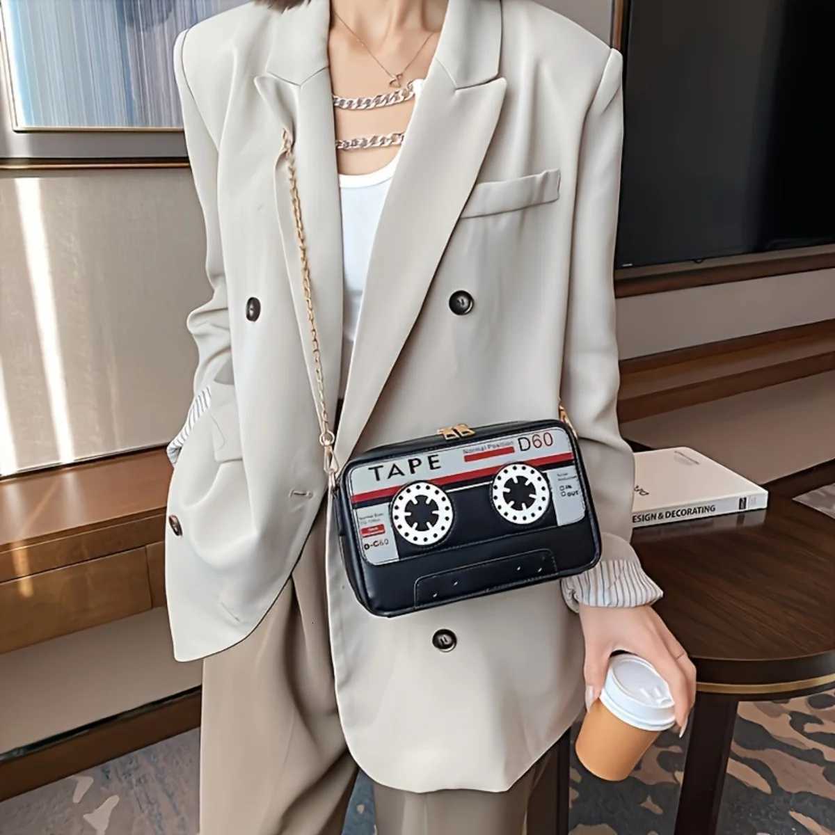 Womens Funny Personalized Tape Audio Tape PU Crossbody Bag Versatile Chain Shoulder Bag C260406