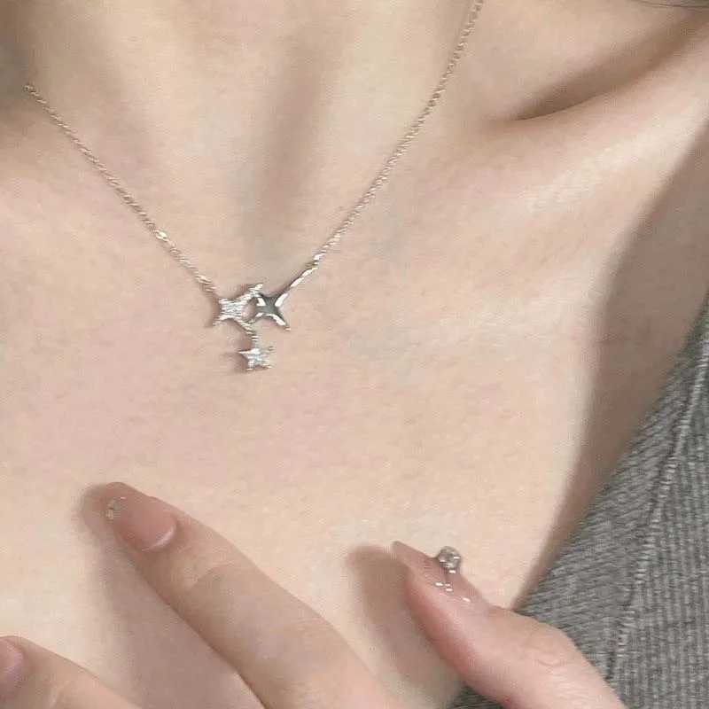 Fashion Sliver Color Four-Pointed Star Pendant Necklaces for Women Egirl Simple Crystal Star Clavicle Chain Necklace Jewelry Y2K H260406