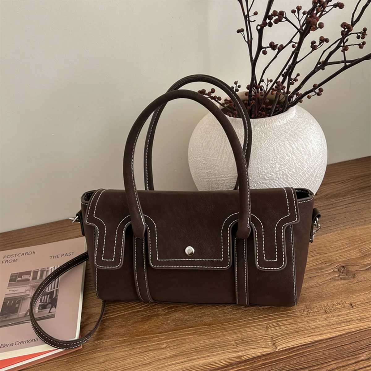 Trendy Retro Women Crossbody Bag Suede PU Quilted Handbag Solid Color Portable Shoulder Bag for Commute/Work C260406