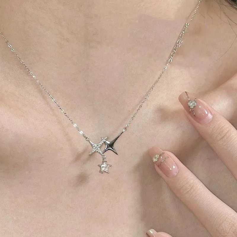 Fashion Sliver Color Four-Pointed Star Pendant Necklaces for Women Egirl Simple Crystal Star Clavicle Chain Necklace Jewelry Y2K H260406