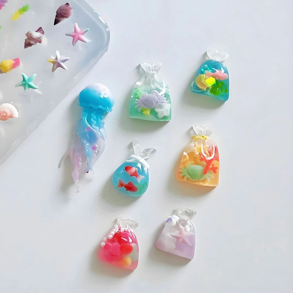 3D Silicone Nail Art Mold, Ocean Life Designs, Jellyfish, Seahorse, Shell, Whale, Conch, Crab, High Transparency, Perfect for DIY Manicures