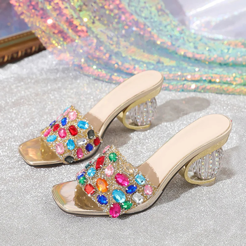 Liyke 2026 Fashion Mixed Color Gem Diamonds Women Strange Transparent Heels Slipper Summer Sandal Sexy Square Toe Dress Shoe 260331