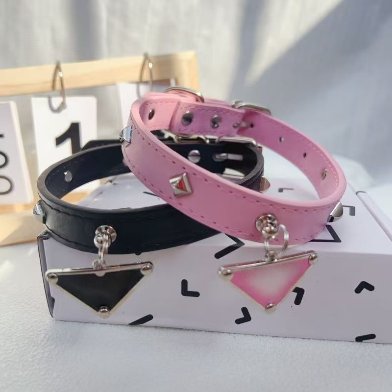 Designer Dog Collars and Leash Luxuy Leather Dog Collar with Classic Triangular Metal Charm Comfortable Adjustable Cats Collar