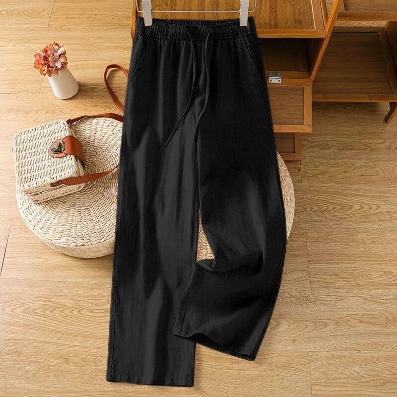 White Linen Wide Leg Pants Women Summer High Waist Relaxed Fit Casual Trousers Loose Floor Length ddmysept