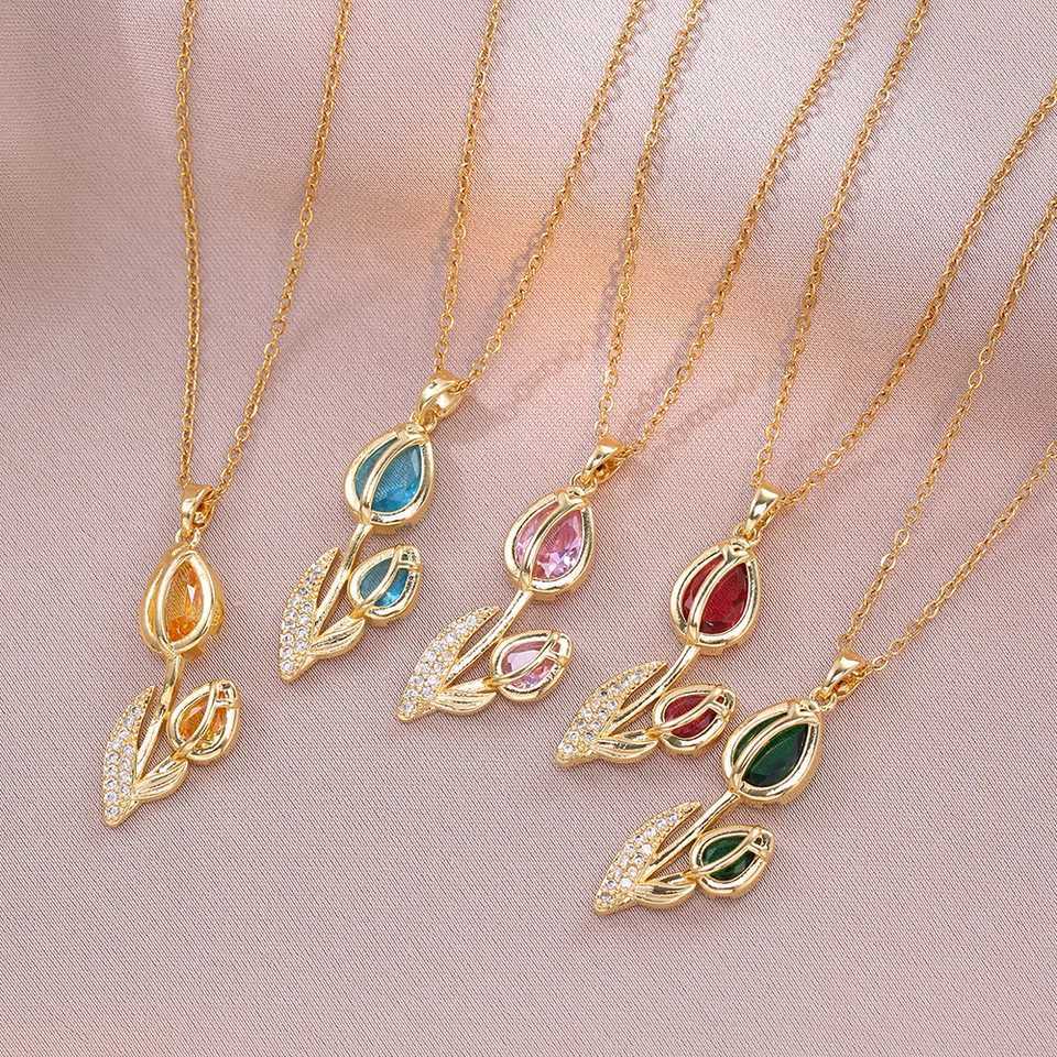 Elegant Enamel Tulip Flower Pendant Necklace for Women Girl Green Leaf Necklace Choker Party Jewelry Gift H260406