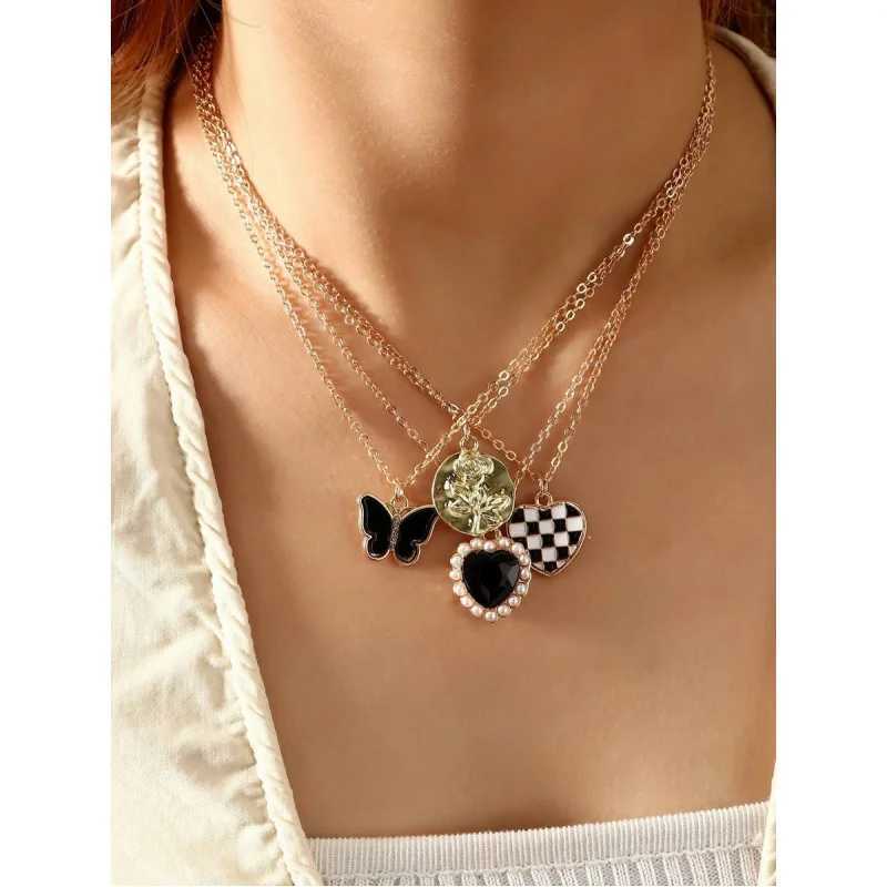 4pcs/Set Fashionable Heart Rose Flower Metallic Checkered Butterfly Alloy Pendant Necklace Set For Women H260406