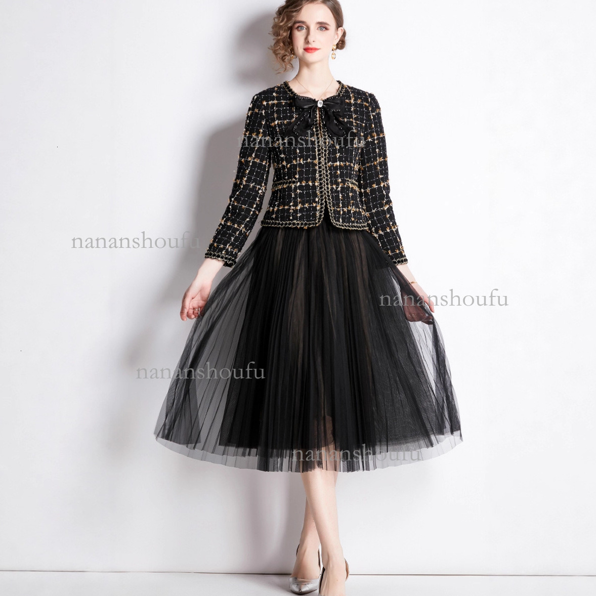 2026 Designer Set Luxury Fashion Brand Women's Elegant Embroidery Coarse Twill Round Neck Bow Jacket Top High Waist Mesh Mesh Maxi Skirt Date Ver