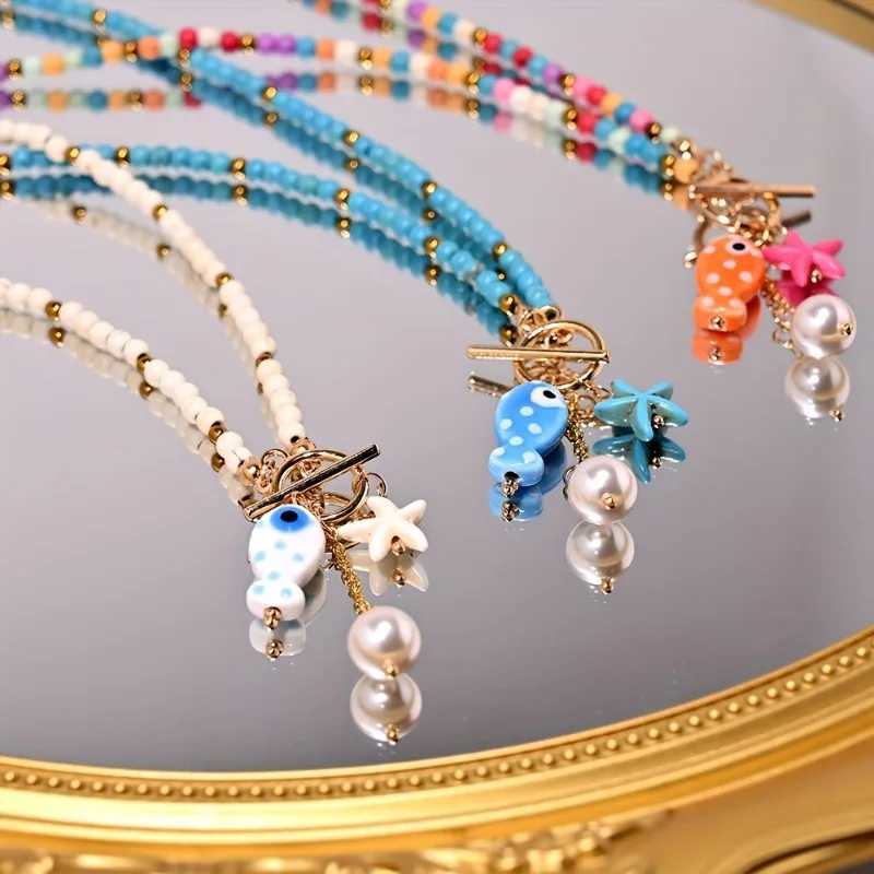 Bohemian Sea-Inspired Ceramic Fish Starfish Pendant Necklace with 4mm Synthetic Turquoise Beads Lightweight Beach Jewelry H260406