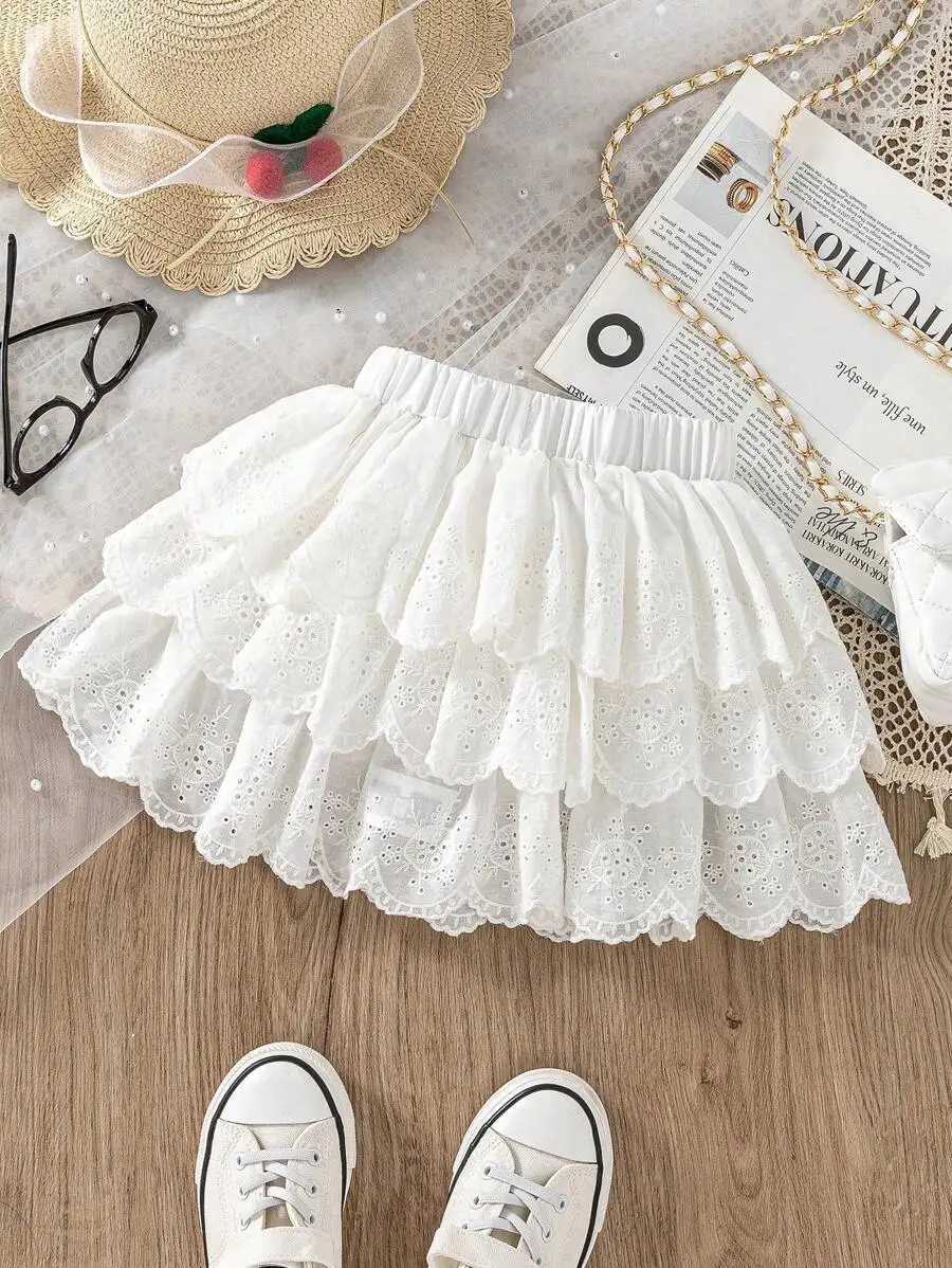 White Tiered Lace Skirt for Girls Sweet Ruffled Design with Elastic Waist H260407