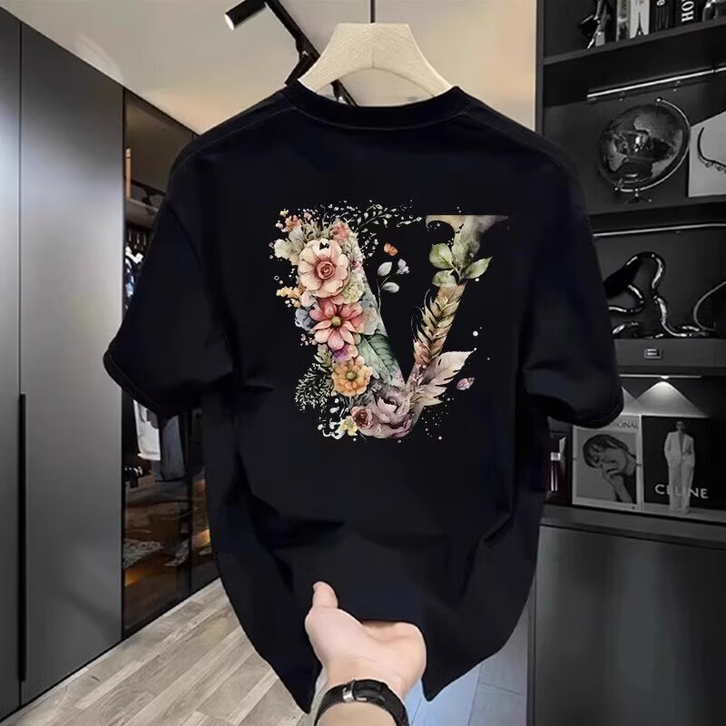 Luxury Designer Men's Casual Sportswear Floral V Graphic Print Cotton Oversized T-shirt High-end Street Fashion Breathable Summer Activewear