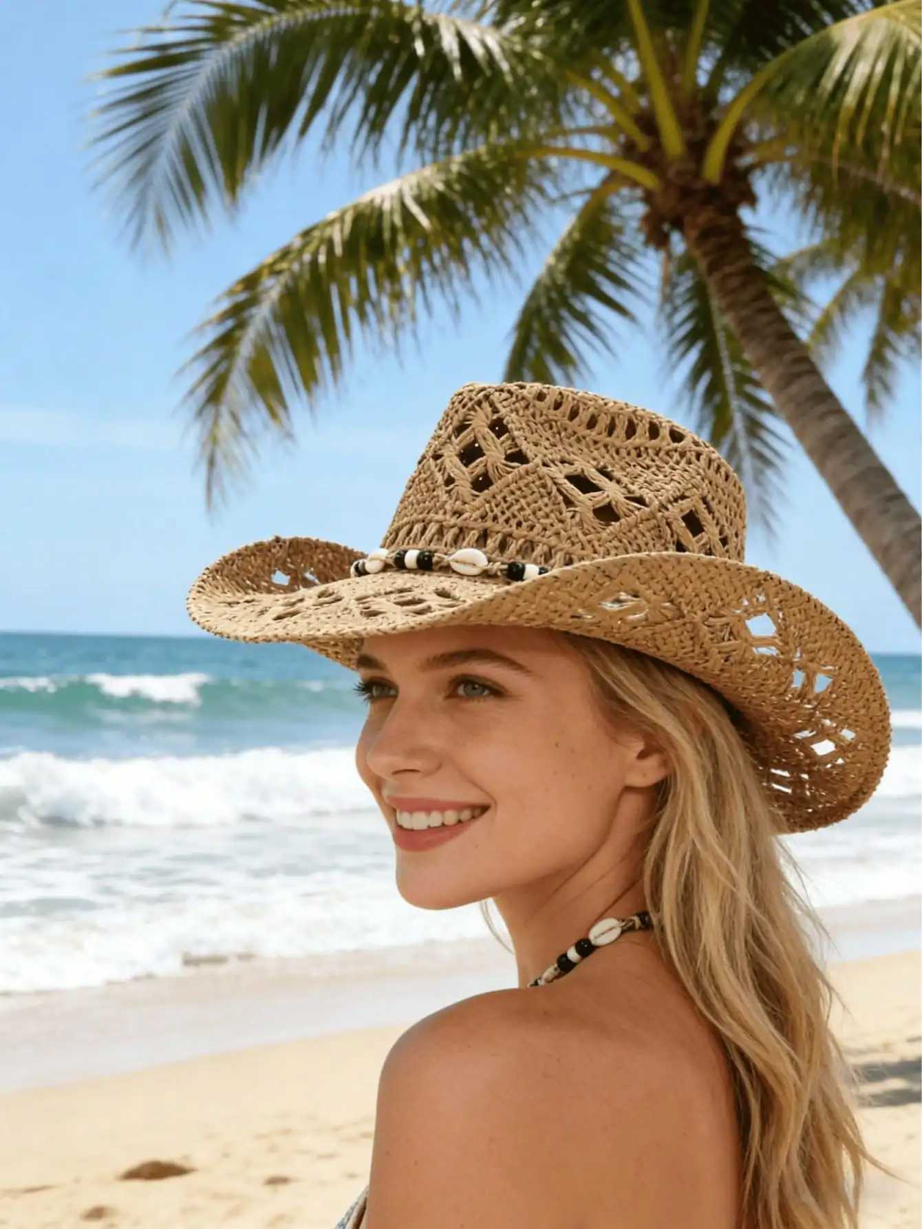 1pc Boho Shell Hollow Out Straw Sun Hat Western Cowgirl Beach Hat Suitable For Mothers Day Easter Vacation Photo Shoot H260407