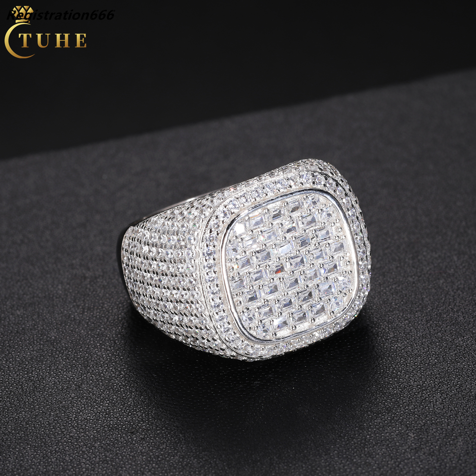 GRA Certificate 18K Gold Plated 925 Sterling Silver VVS Baguette Moissanite Diamond Iced Out Signet Ring Hip Hop Jewelry for Men