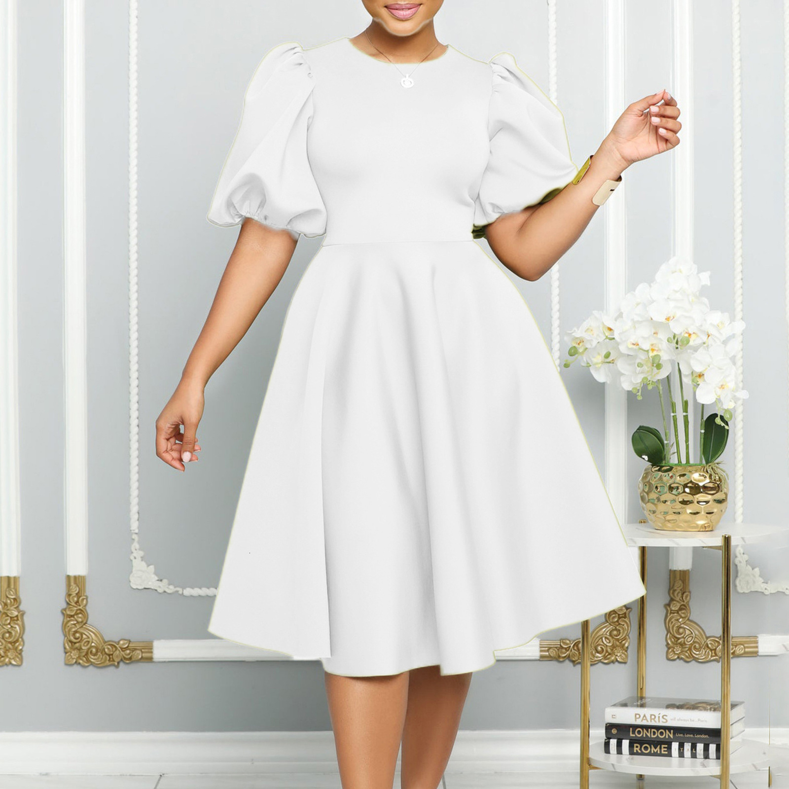 Plus size black casual womens dress with O-ring puff sleeves and A-line round neck slim fit Midi formal dress 240824 - view 3