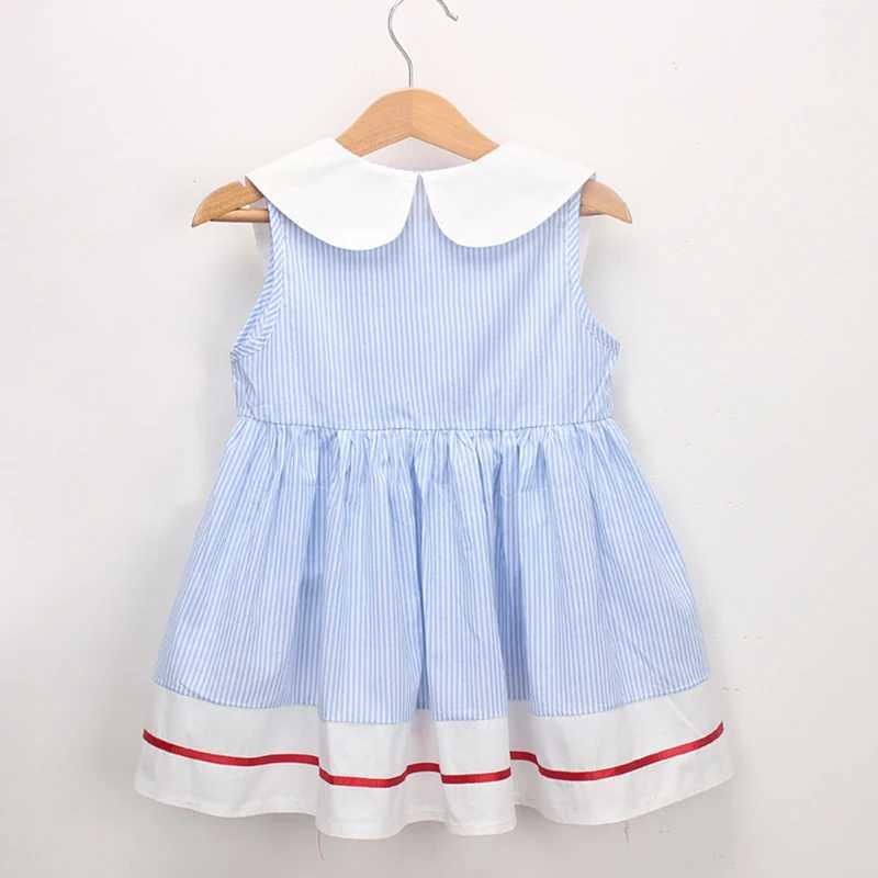 New Summer Embroidery Cherry Turn-down Collar Sleeveless Striped Dress Cotton Infant Princess Dress Toddler Girls Clothes H260407