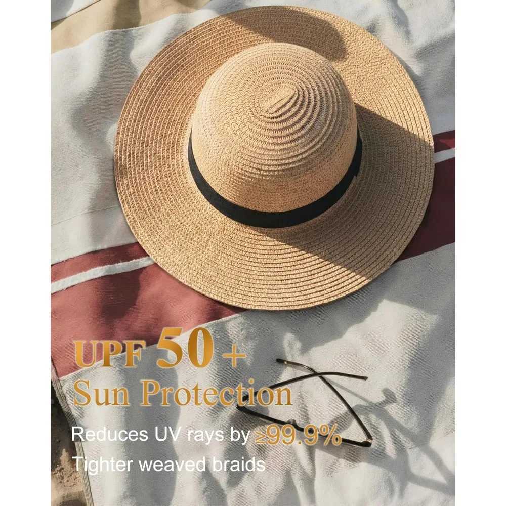 Senker Fashion Sun Hats for Women UV Protection Packable Wide Brim Straw Hat for Men Beach Summer Vacation Travel H260407