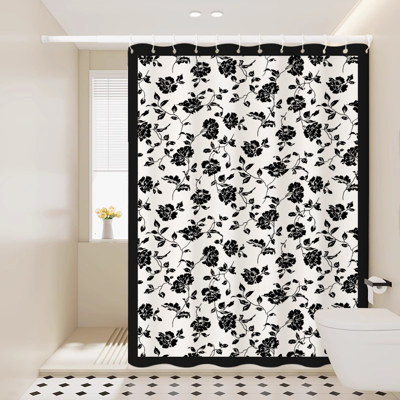 Bathroom Set Full Flower Print Pattern Waterproof Fabric No Drill Installation Partition Curtain For Shower Room And Toilet