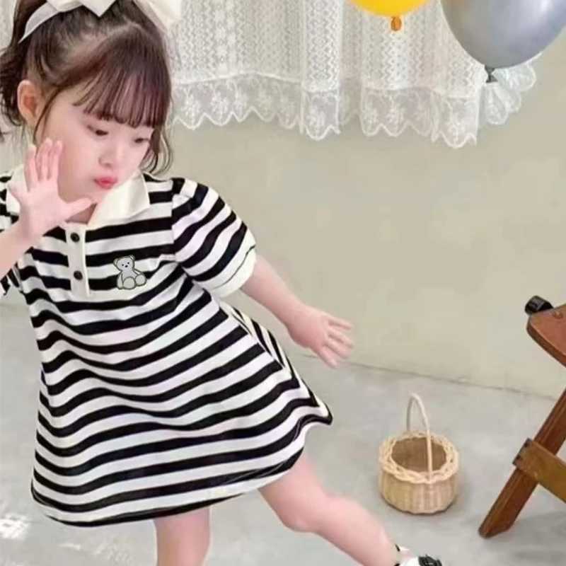 1pcs Children Short Sleeve Dress Kids Leisure Skirts Summer Baby Black White Stripe Skirt Pupil Girls Fashion Clothes 80cm-160cm H260407