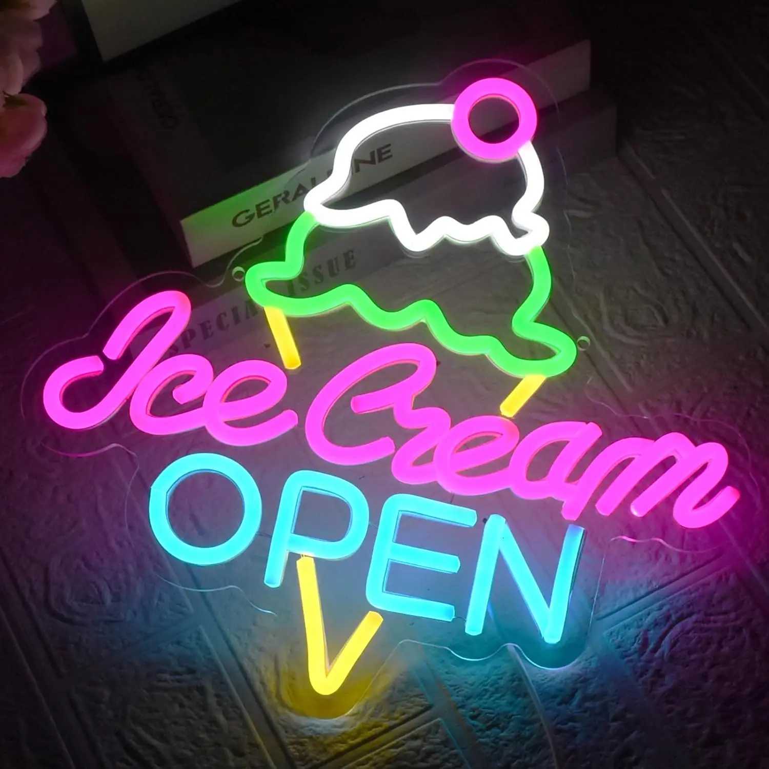 Ice Cream Open Neon Sign USB LED Neon Light for Business Store Dessert Shop Bar Party Cafe Decor Gift Light Up Sign Z260407
