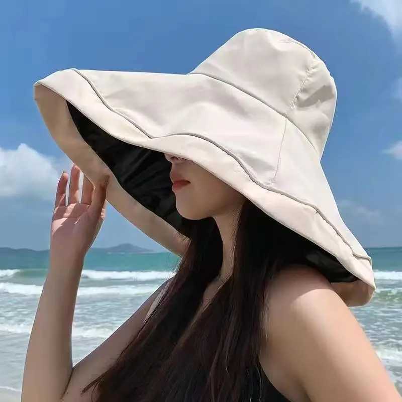 1pc Cosplay Womens Wide-brimmed Hat Soft Reversible Super-large Brim Summer Beach Hat Breathable Face-covering Slim Visor H260407