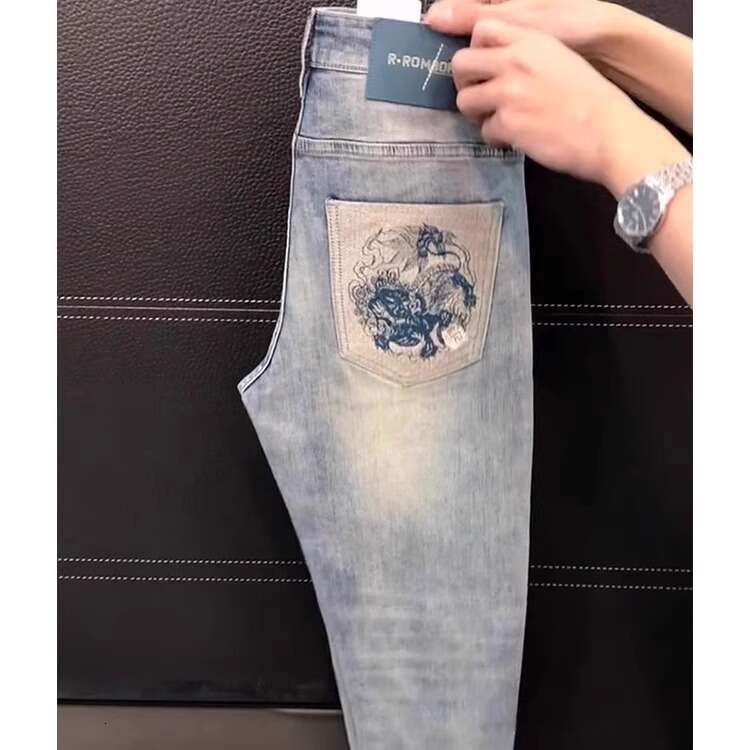 Men's Patched Slim-Fit Skinny Jeans Korean Style Embroidered Stretchy Long Pants Fashionable Trendy Versatile Daily Denim