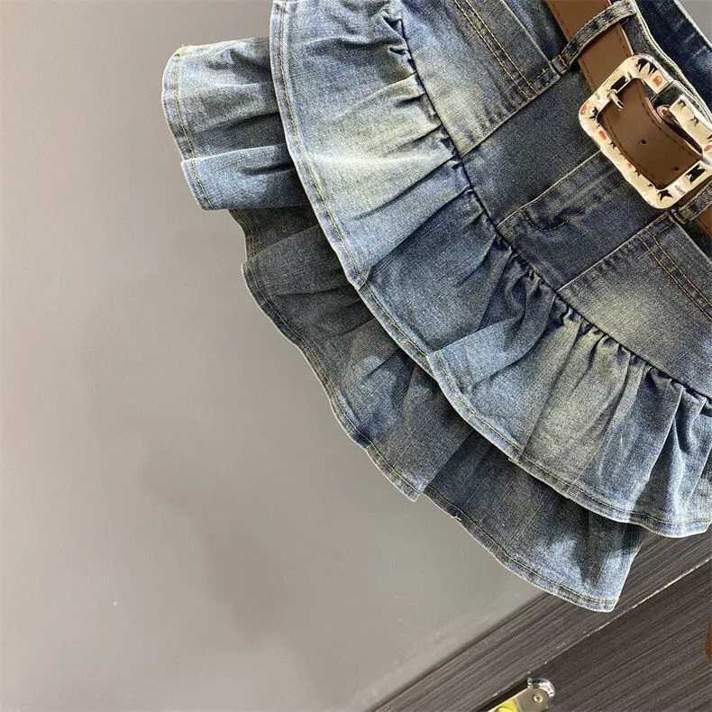 Girls Dress 2026 Summer New Denim Short Skirt Korean Version Flanged Cake Skirt Elastic Waist A-line Skirt Fashion 3-14Y H260407