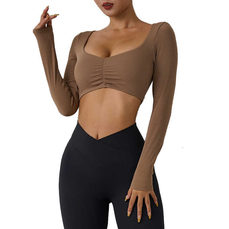 Breathable long-sleeved yoga pants T-shirt, tight pleated sporty fitness top, women's tight yoga topT251211