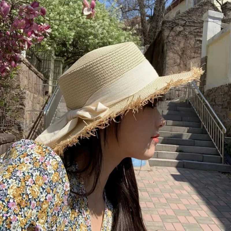 New Summer Sun Protection Woven WomenS Straw Hat Bow Tie Elegant Beach Hat Large Brim Sun Hat For Vacation H260407