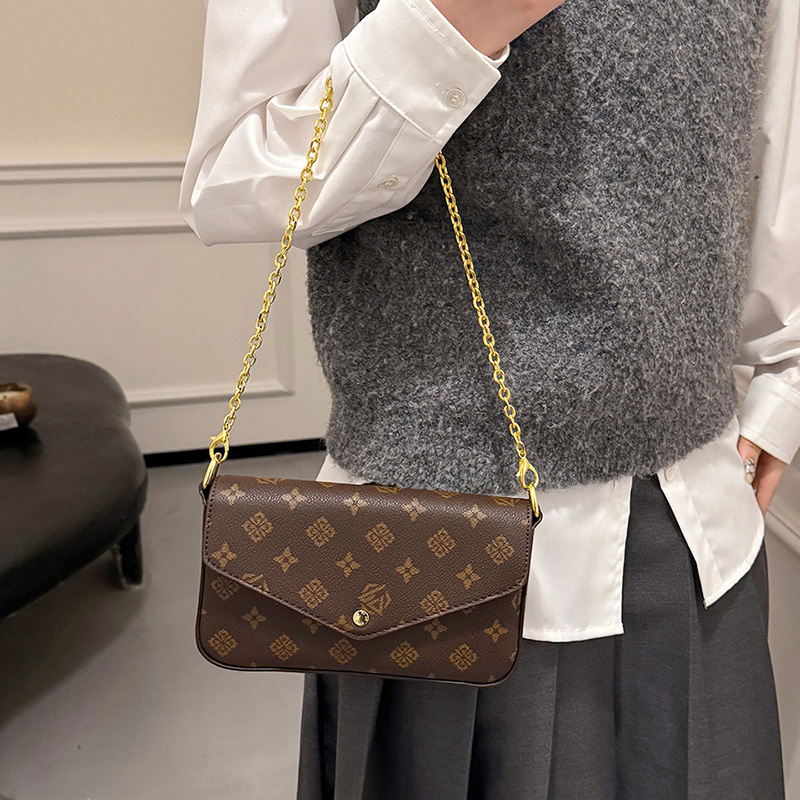 2025 New Arrival Monogram Print Envelope Bag, Women's PU Leather Flap Crossbody with Gold Chain, Trendy 3-Way Shoulder/Crossbody/Top Handle Bag f