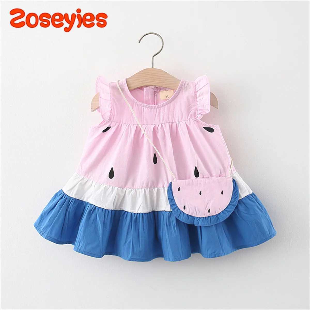 Summer Baby Girls Dress Cute Little Watermelon Print Flying Sleeves Knee-length Daily Dress with Bag H260407