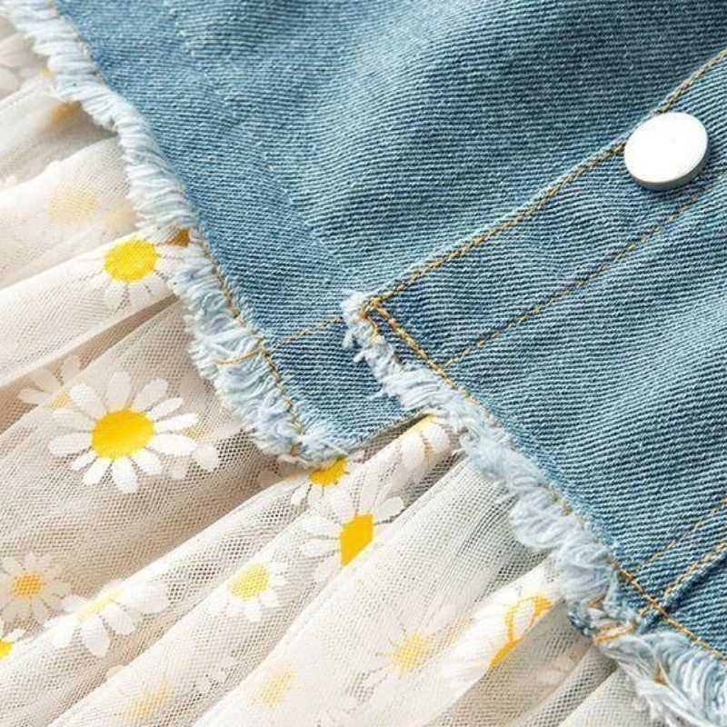 Girls Denim Mini Skirt Kids Summer Outfit with Floral Mesh Overlay Casual A Line Short Skirt for Girls 2026 New Arrival H260407