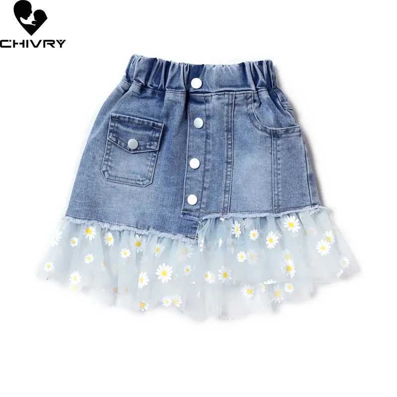 Summer New 2022 Kids Girls Fashion Skirts Mesh Patchwork Daisy Button Denim Skirt with Pockets Girls Children Casual Clothing H260407