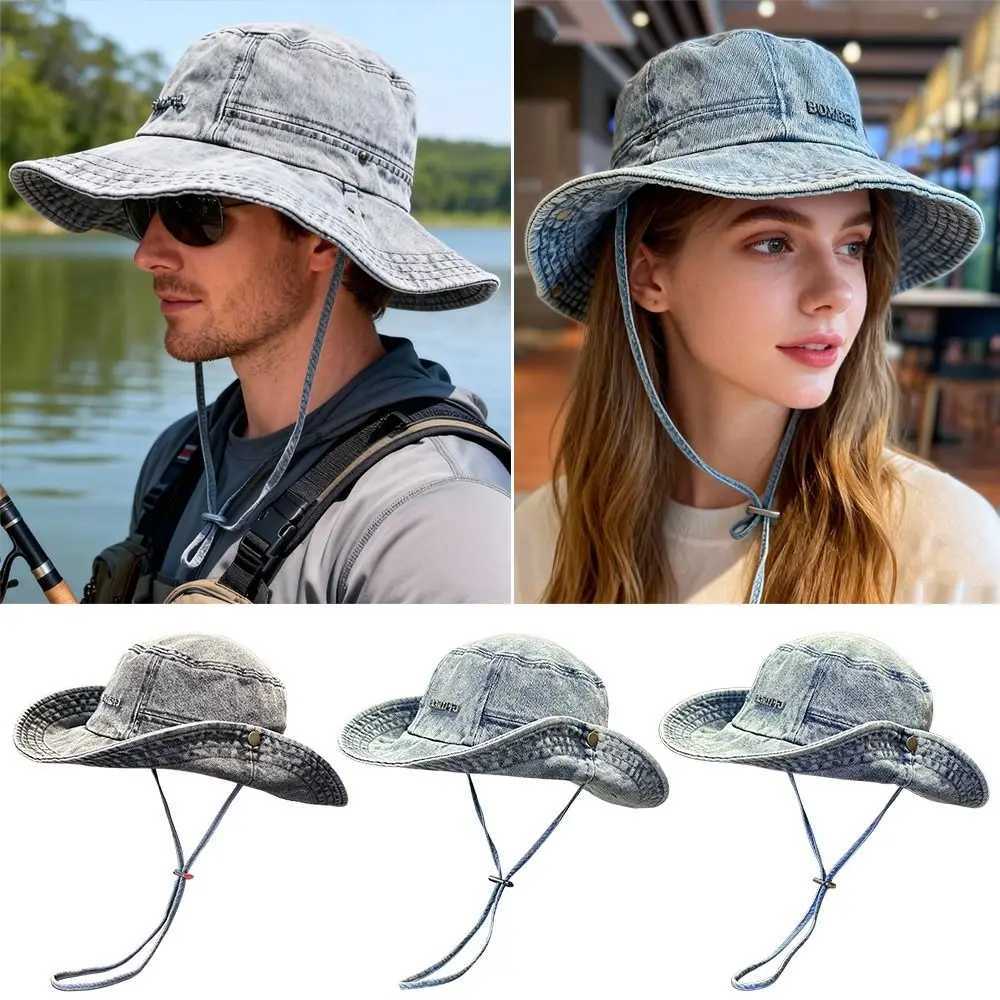Portable Sun Protection Denim Cloth Bucket Hat Anti-UV Breathable Fisherman Cap Casual Retro Mountaineering Caps Fishing H260407