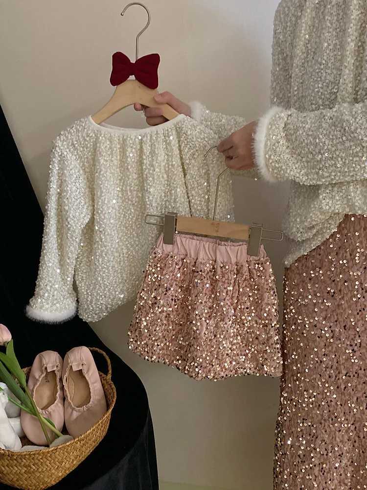Girls Korean-Style Spring and Autumn New Sequined Cuff Beaded Jacket Pink Skirt Two-Piece Set H260407