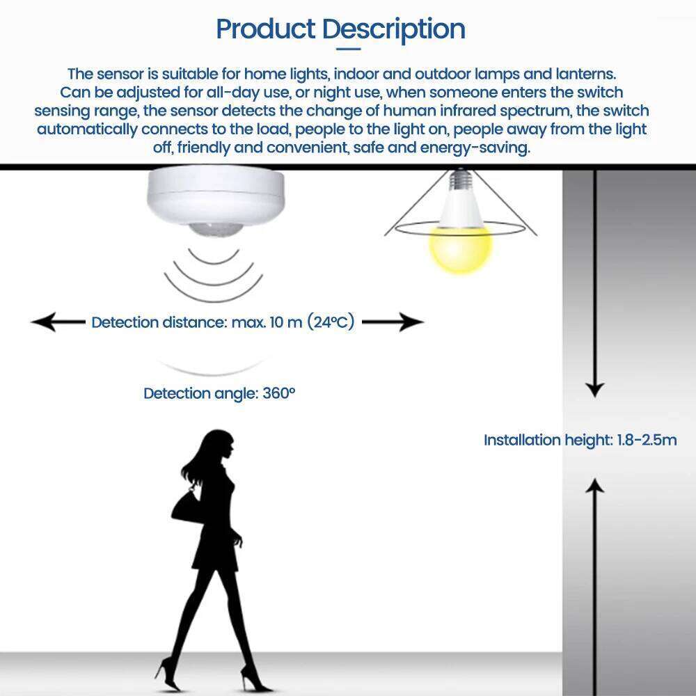 220V LED Infrared Detection Automatic Sensor Light 360 PIR Motion Human Body Detector Sensitive Lamp Switch