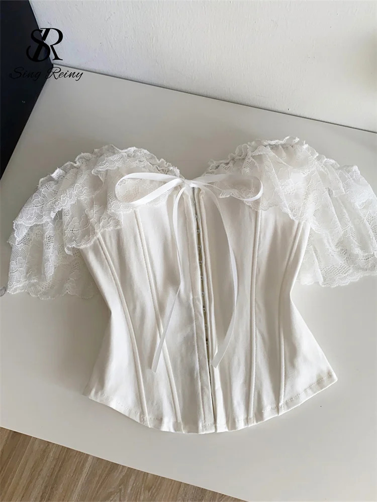 SINGREINY Feminine Lace Corset Tops Off Shoulder Lace Up Splice Summer 2026 Tank Top French Style Court Versatile Sensual Camis 260327