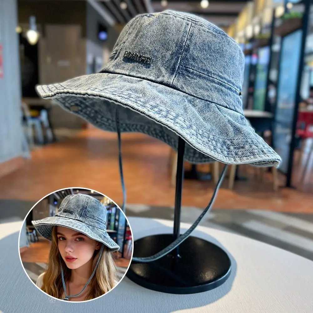 Portable Sun Protection Denim Cloth Bucket Hat Breathable Anti-UV Cowboy Hat Retro Casual Sun Protection Hat Fishing H260407