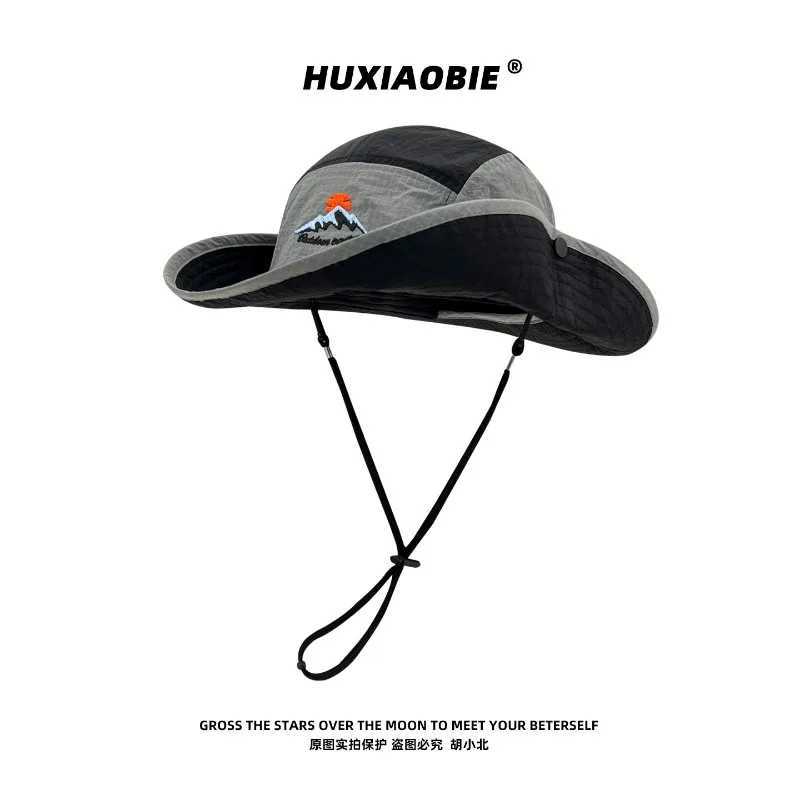 Japanese Color-blocked Bucket Hat Spring and Summer Outdoor Shade Windproof Lace-up Quick-drying Hiking Cap for Men and Women H260407