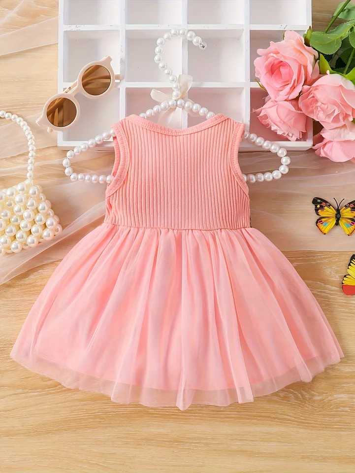 Soft Pink Knit Sleeveless Dress - 3D Flower Accent Tulle Skirt Girls Sweet Princess Outfit H260407