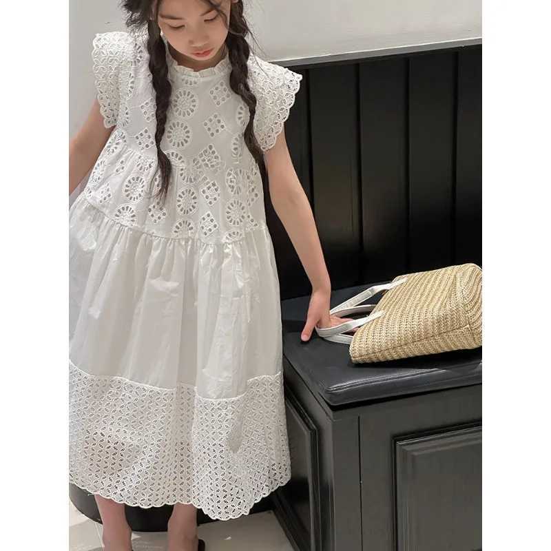 Cotton Medium To Large Childrens Clothing Lace White Dress Girls Princess Little Fresh Vest Dress 2025 Summer New Style H260407