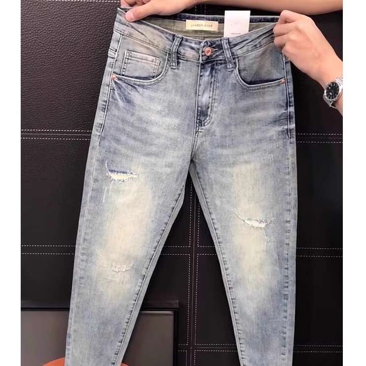 Men's Patched Slim-Fit Skinny Jeans Korean Style Embroidered Stretchy Long Pants Fashionable Trendy Versatile Daily Denim